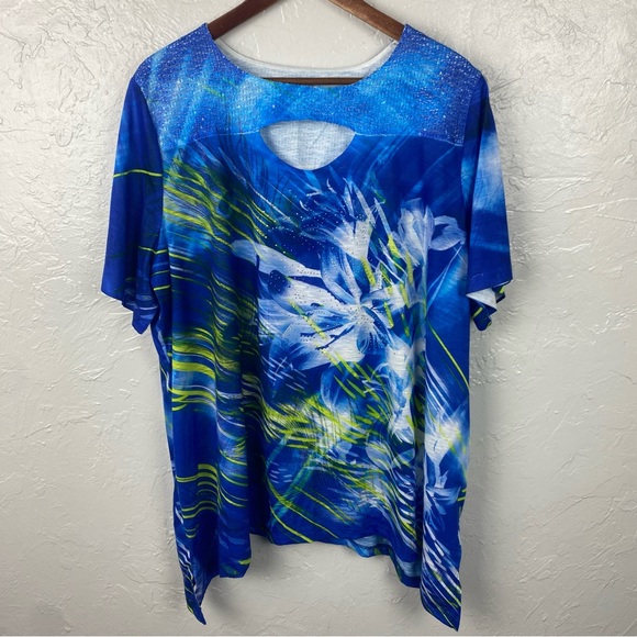 Catherines Tops - Catherines blue green Floral sparkle key hole t-shirt 1X